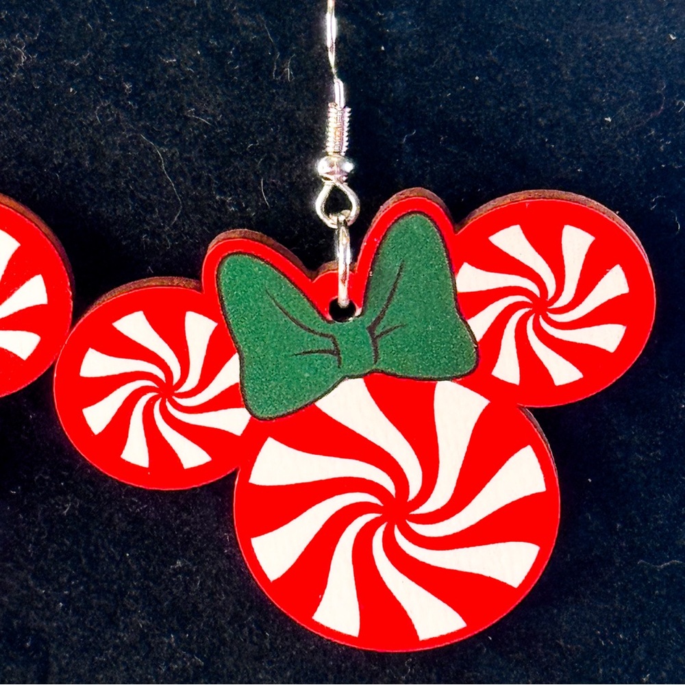 Holiday Peppermint Minnie Mouse Earrings with Green Bow - Picture 3 of 7